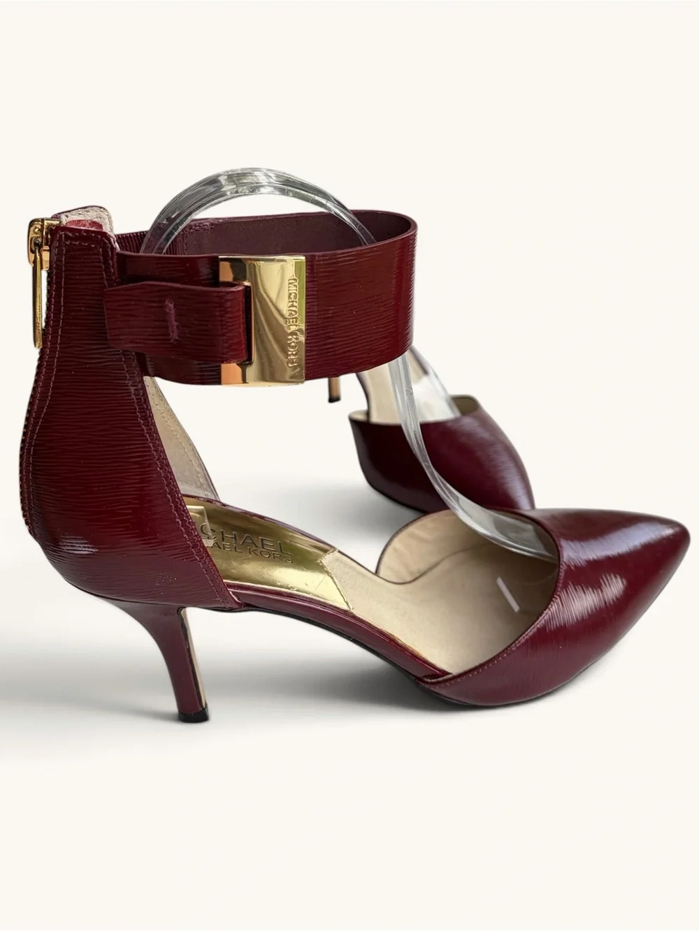 Michael Kors Burgundy Pointed-Toe Ankle-Strap Heels with Gold Accent